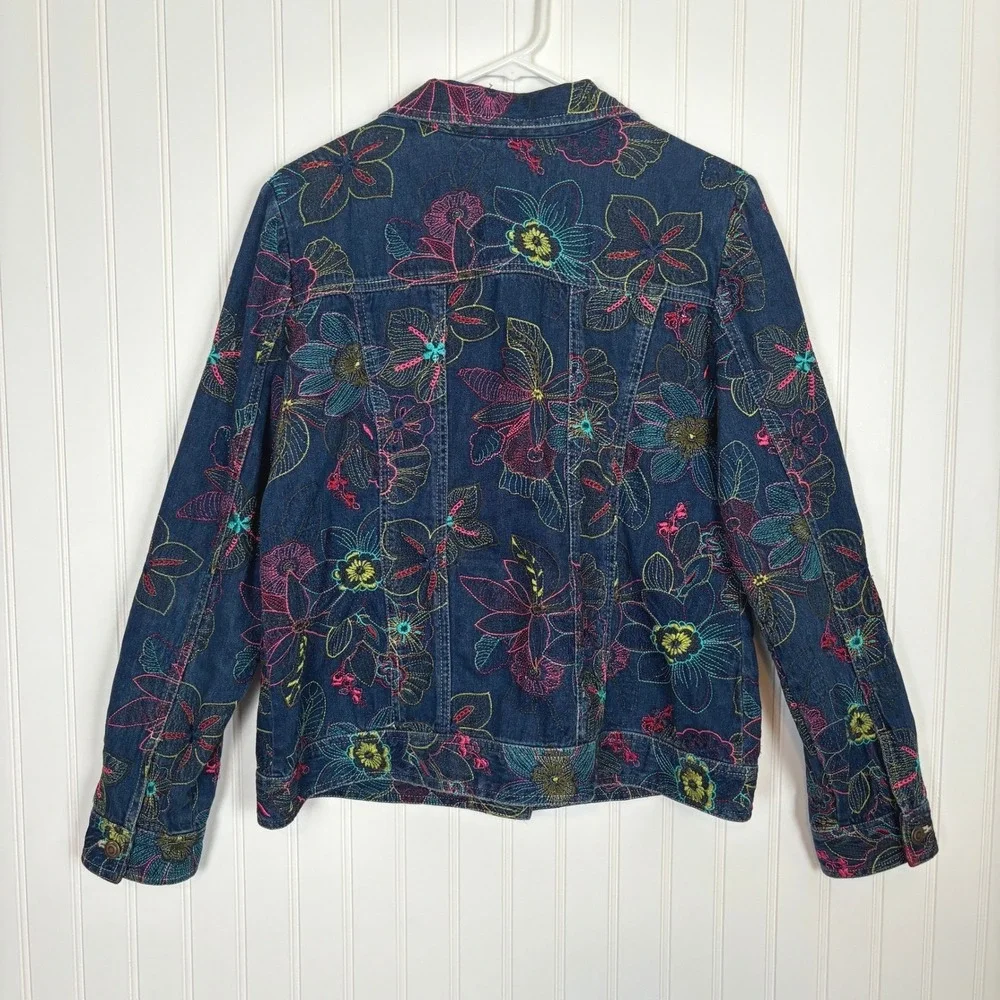 Boho Floral Embroidered Denim Jacket M Hippie Festival Maximalist Artsy Colorful